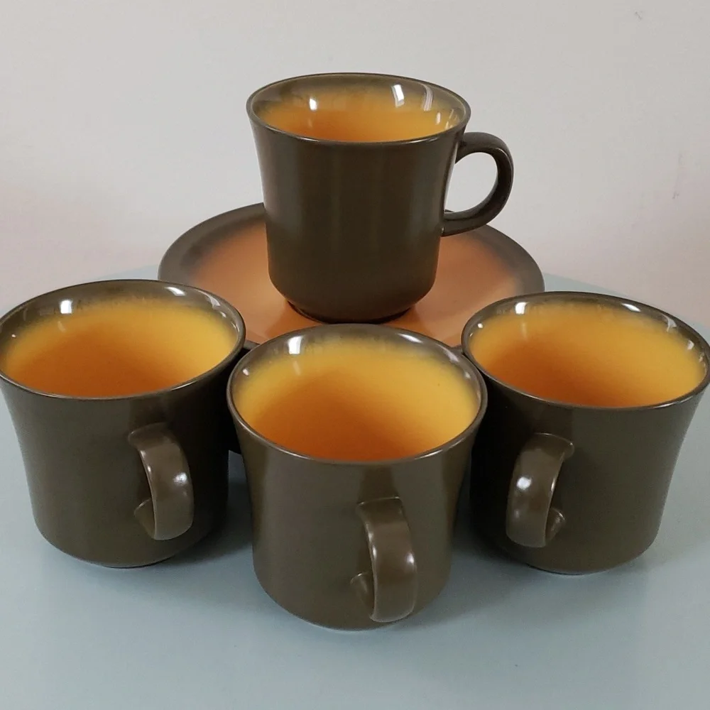 Premiere Nu Stone CANTELOPE 7606 Japan 70s Cups & Saucers Brown & Orange, VTG